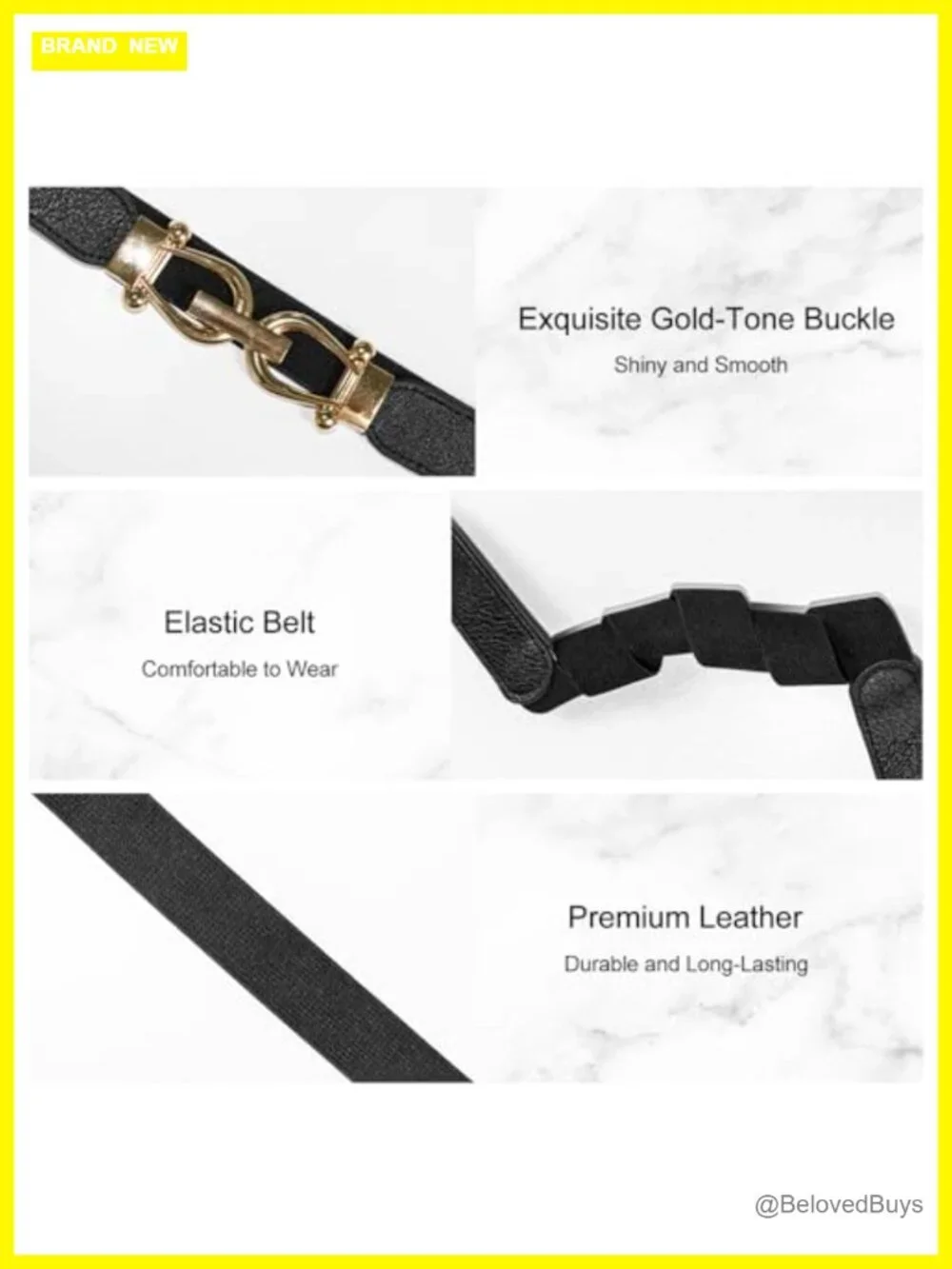 2 Pcs Elastic Stretch Skinny Belts for Women with Gold Buckles, Faux Leather